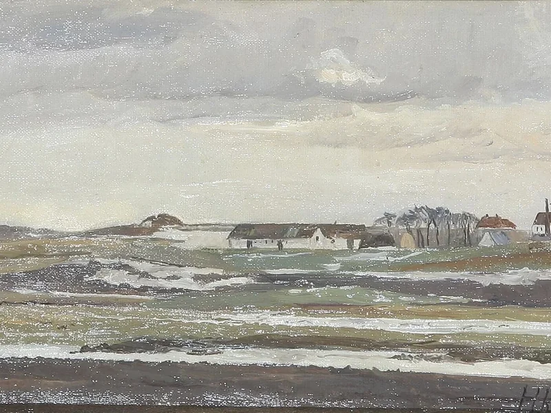 1865-Hans Christian Martinus Kundsen - Un paesaggio invernale con fattorie